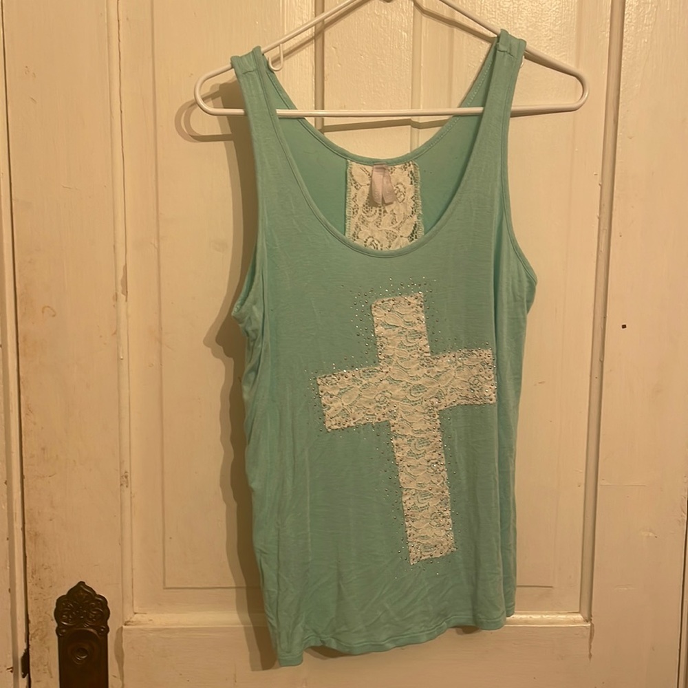 Turquoise Tank Top with Lace Cross